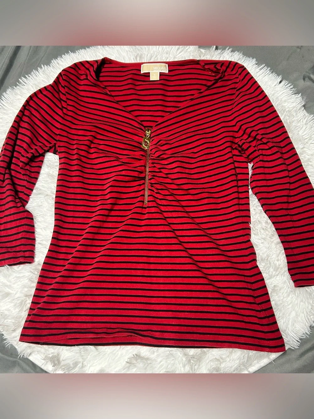 Michael Kors Red and Black Striped 3/4 Sleeve Zip Front Top